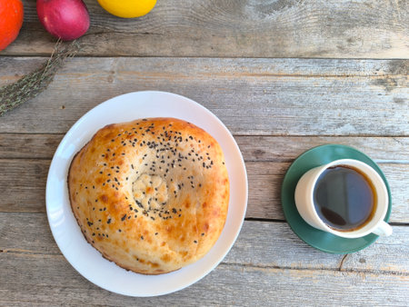 Bread on a white plate in a natural style., with a cup of coffee. High quality photoの写真素材