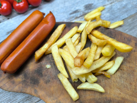 Close-up with French fries and delicious sausage. high quality photos.の写真素材