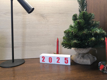 The red numbers 2025 on the white Christmas cubes.の写真素材