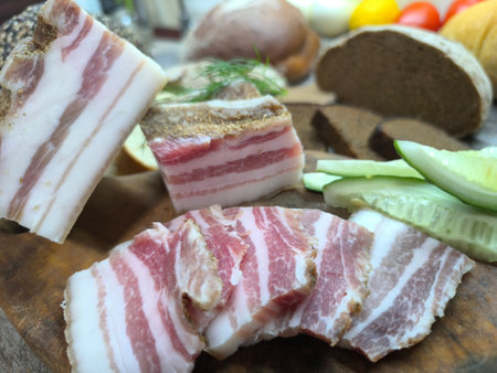 sliced pieces of delicious bacon next to the bread. High quality photoの写真素材
