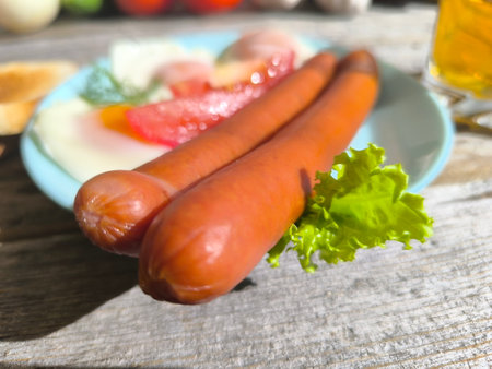 English breakfast with scrambled eggs, potatoes, sausages. High-quality photosの写真素材