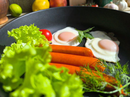 Breakfast with eggs, sausages in a frying pan close-up. high quality photosの写真素材