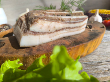 Delicious bacon from brisket on a wooden chopping board. High-quality photosの写真素材