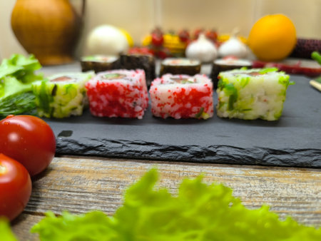 Delicious sushi rolls on a chopping board.の写真素材