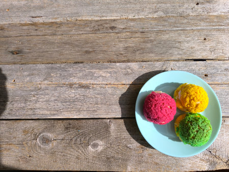 Three cakes on a plate. View from above. High-quality photos