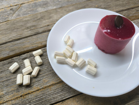 thin almond sponge cake in the base, creamy raspberry mousse.の写真素材