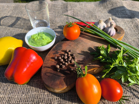 Vegetables and fruits on a sliced board. High quality photoの写真素材