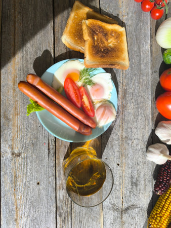English breakfast with scrambled eggs, potatoes, sausages. High-quality photosの写真素材