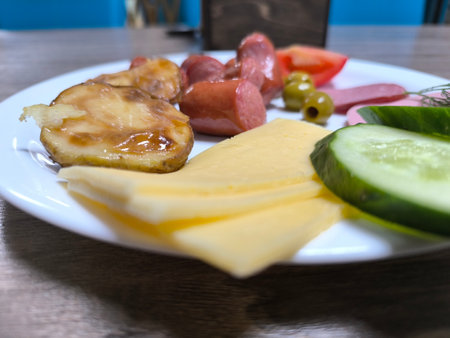 delicious breakfast of baked sausages and vegetables on a white plate.の写真素材