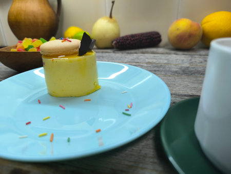 thin almond sponge cake in the base, mousse of exotic fruits. High-quality photo