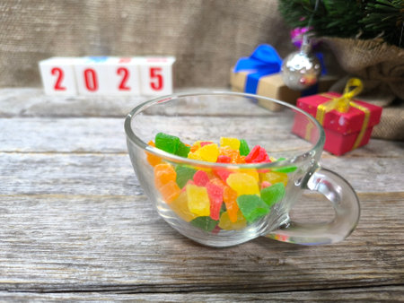 transparent cup filled with dried candied fruits
