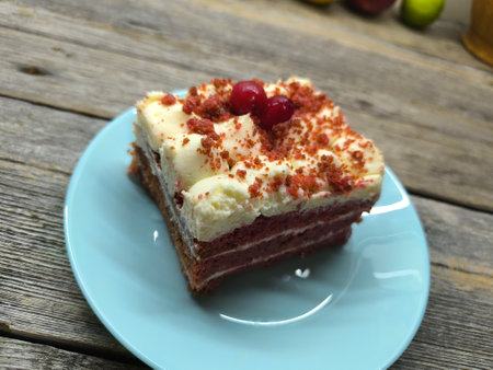 delicious piece of cherry cake covered with icing and cherries. High quality photosの写真素材