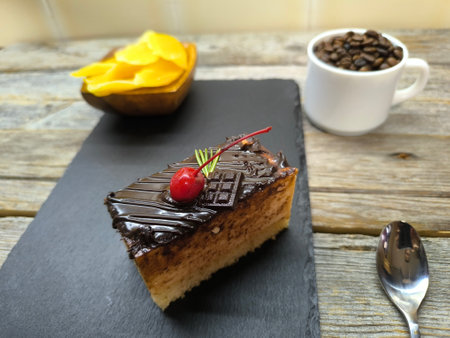 Chocolate cake with cherries on a granite board next to a white cup filled with coffee beans