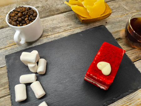 tender juicy strawberry cake lies on a granite board next to marshmallowsの写真素材