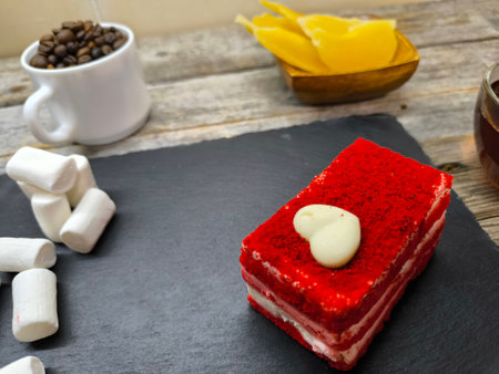 tender juicy strawberry cake lies on a granite board next to marshmallowsの写真素材