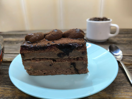 tender juicy piece of tiramisu cake lies on a plateの写真素材