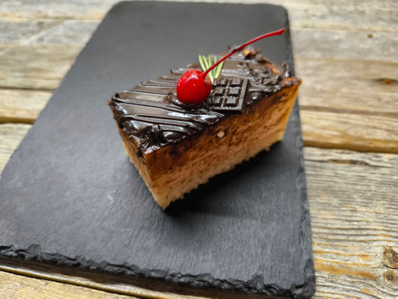 Chocolate cake with cherries on a granite boardの写真素材