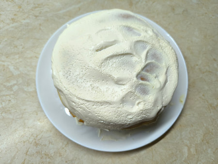 layered cake made of pancakes and sour cream lies on a white plateの写真素材