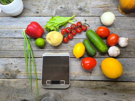 Culinary background with an assortment of fresh organic vegetables next to the scales. View from above. high-quality photoの写真素材