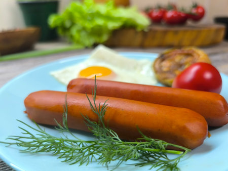 Breakfast with eggs, sausages and tomatoes, close-up. high quality photosの写真素材