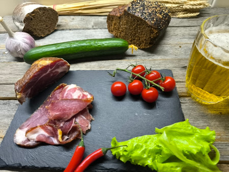 fragrant piece of dried meat on a cutting board next to vegetables and a glass of beerの写真素材