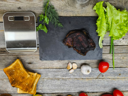 Delicious fried steak cut into pieces on a granite edged board, next to the scalesの写真素材