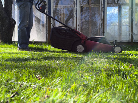 Gardener moving the lawn. Landscape design. Green grass backgroundの写真素材