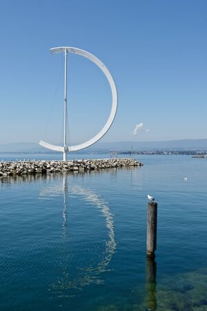Lausanne, Vaud, Swizerland; 03.09.2019, The weather vane Eole manufactured by Clelia Bettua in the Ouchy marinaのeditorial素材