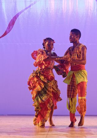 Martigny, Switzerland, 08.31.2018, Dancing couple, Martinique folk dance performing at the gala show during the International Folk Festival of Octodides (FIFO)のeditorial素材