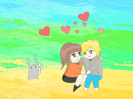 Vector illustration of young people in love on a white backgroundのイラスト素材