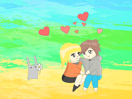 Vector illustration of young people in love on a white backgroundのイラスト素材