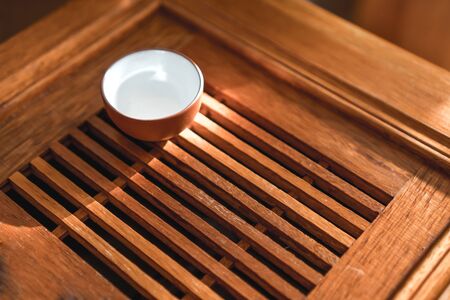 Picture of Chinese tea service on a wooden bamboo tableの写真素材