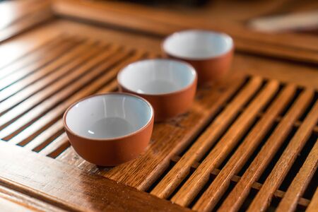 Picture of Chinese tea service on a wooden bamboo tableの写真素材