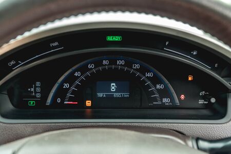 The bright photo of the dashboard in the car with black salonの写真素材