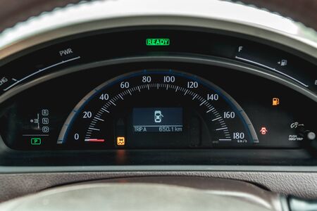 The bright photo of the dashboard in the car with black salonの写真素材