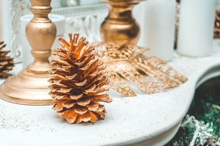 Photo of beautiful New Year toys with green tree close-upの写真素材
