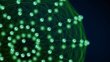 Render Moderne background from handset sign connected by lines of green color into sphere with blurred black backgroundの写真素材