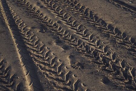 Photograph of a trace from car tyres on wet sand with shadows from the sunの写真素材