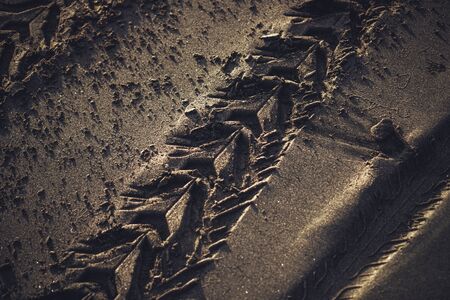 Photograph of a trace from car tyres on wet sand with shadows from the sunの写真素材