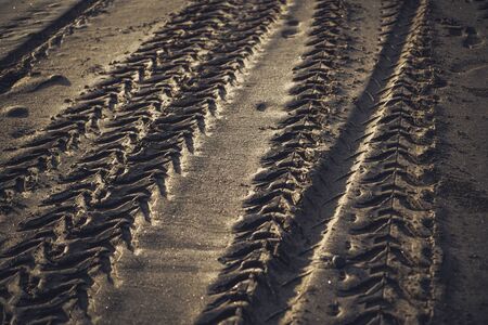 Photograph of a trace from car tyres on wet sand with shadows from the sunの写真素材