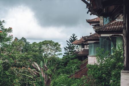 Photo of the building with balcony and window view of green treesの写真素材