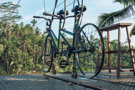 Photo of a structure for cycling a tightrope between two mountains in a rice fieldの写真素材