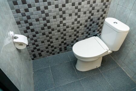 Photo of a white closed toilet in a toilet room with ceramic wallsの写真素材