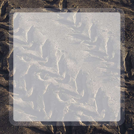 Photograph of a trace from car tires on wet sand with shadows from the sun in a frame