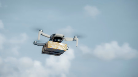 Photo of a flying on a sky delivery drone with holding a cardboard parcelの写真素材