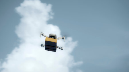 Photo of a flying on a sky delivery drone with holding a cardboard parcelの写真素材