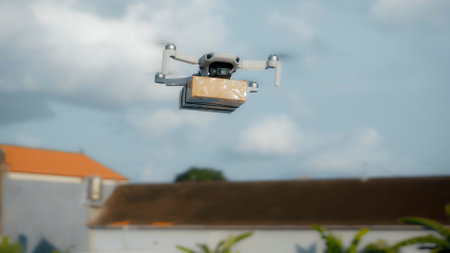 Photo of a flying on a sky delivery drone with holding a cardboard parcelの写真素材