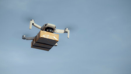 Photo of a flying on a sky delivery drone with holding a cardboard parcelの写真素材