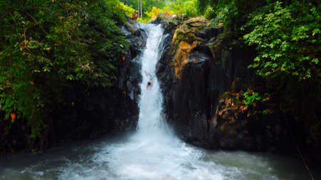 Picture of waterfall with rocks among tropical jungle with green plants and trees and water falling down into the riverの写真素材