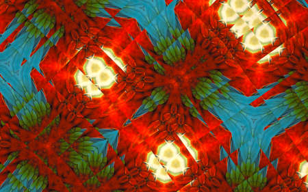 Abstract background from a repeating kaleidoscope view with yellow, blue and red dark and bright lines and shapes coming from the centerの写真素材